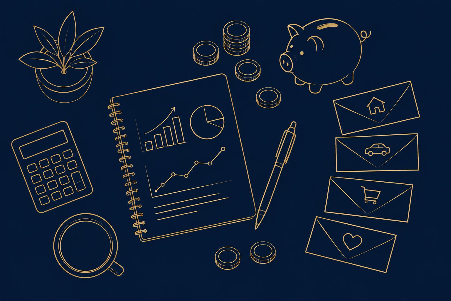 Ilustração em dourado sobre fundo azul-marinho com caderno de gráficos, calculadora, cofrinho e envelopes de orçamento